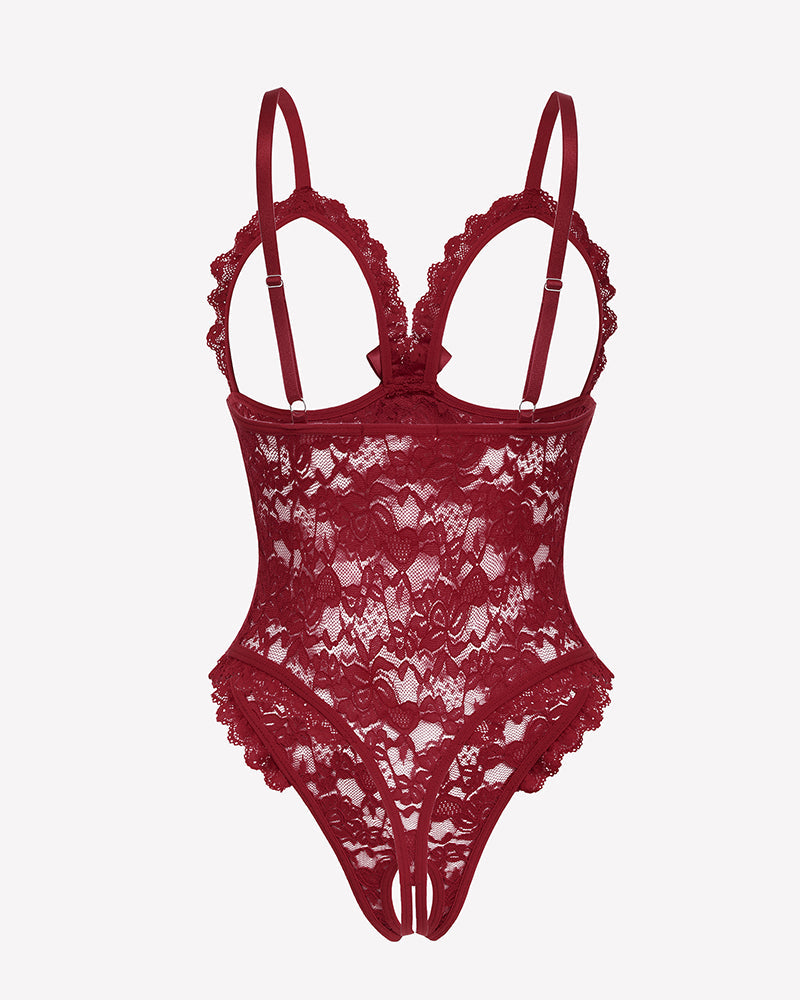 Lace Teddy Ruffle V Neck Bodysuit