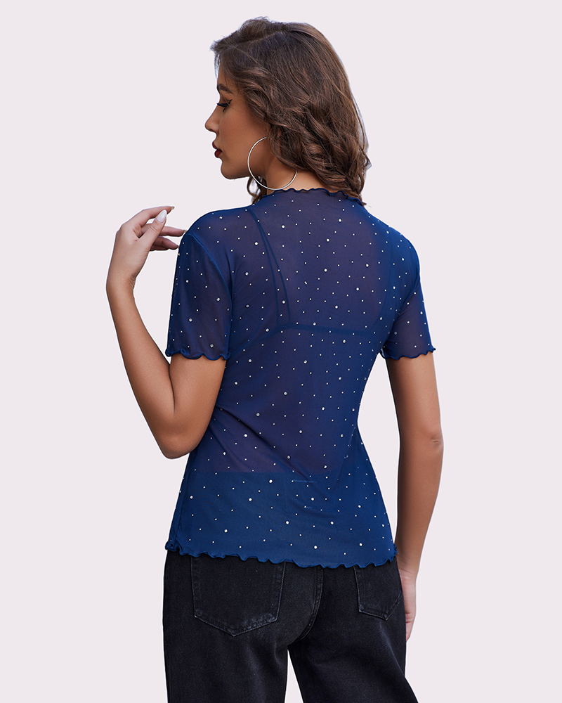 Mesh Tops Short Sleeve Rhinestone Shirts