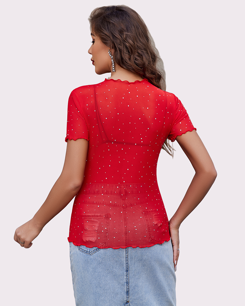 Mesh Tops Short Sleeve Rhinestone Shirts