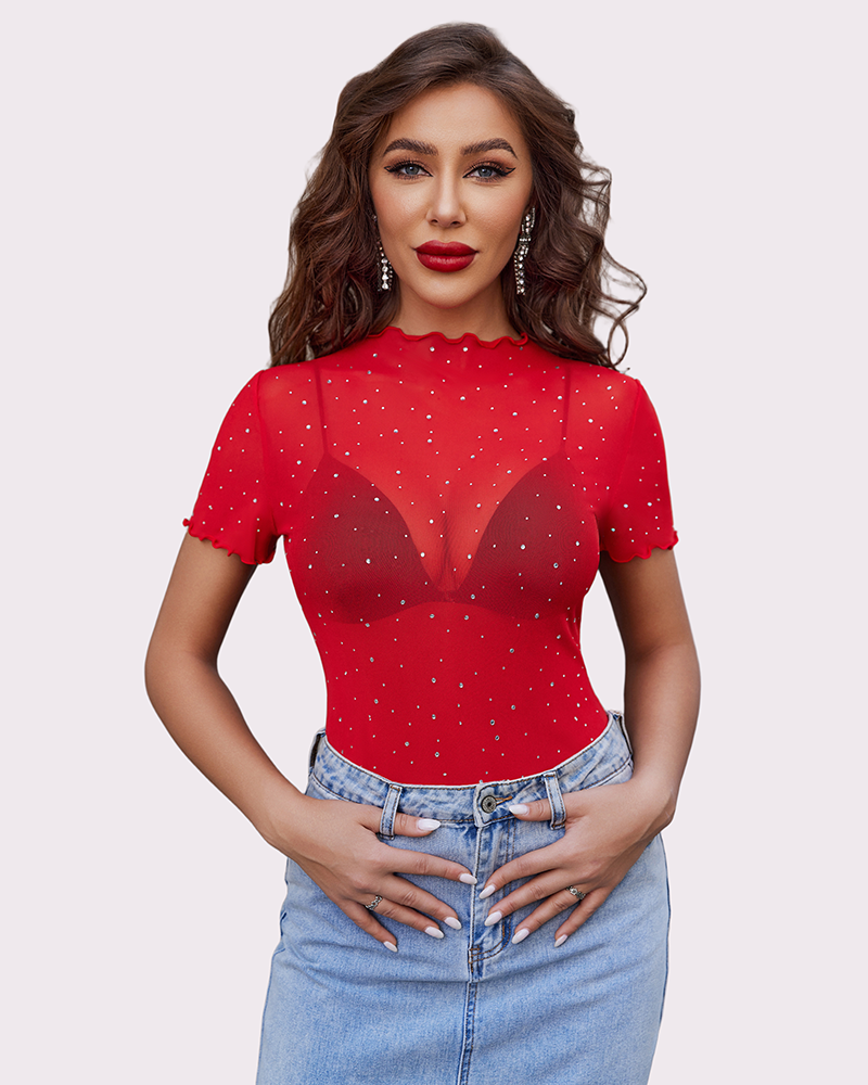 Mesh Tops Short Sleeve Rhinestone Shirts