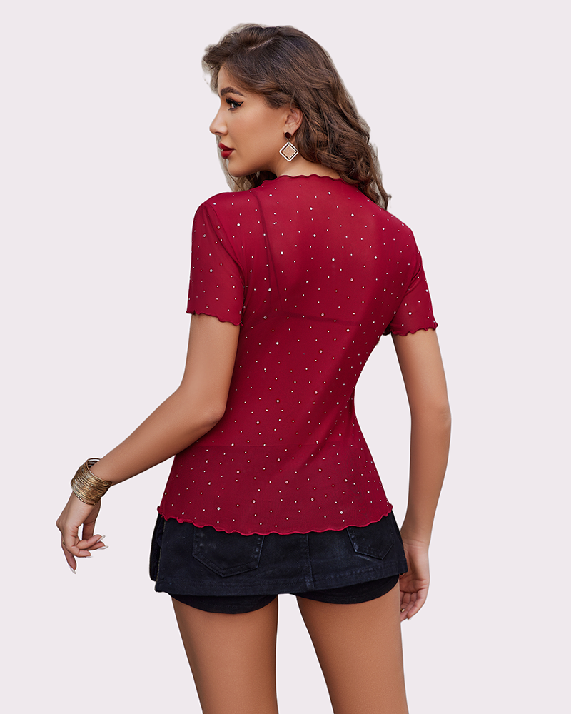 Mesh Tops Short Sleeve Rhinestone Shirts