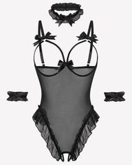 4 Piece Set Sheer Mesh Teddy Bodysuits