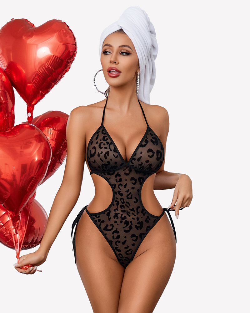 Deep V Teddy Lingerie Mesh Cut Out Bodysuit