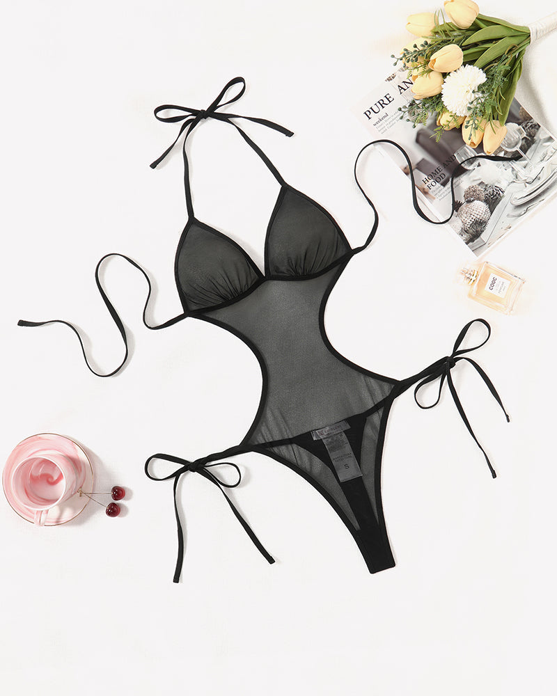 Deep V Teddy Lingerie Mesh Cut Out Bodysuit
