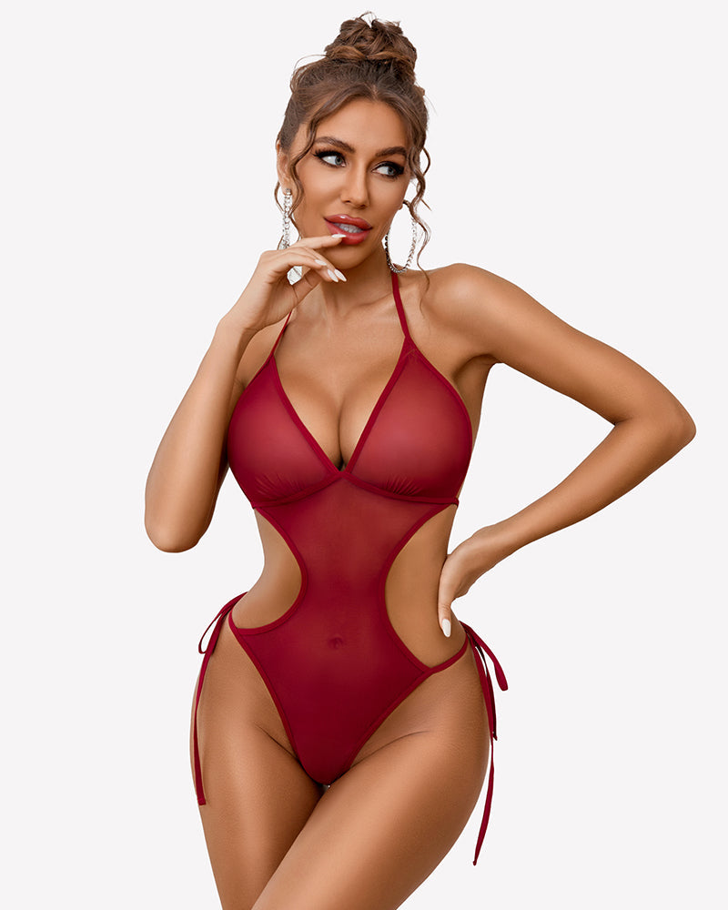 Deep V Teddy Lingerie Mesh Cut Out Bodysuit