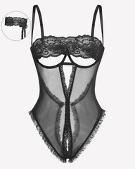 Lace V Neck Crotchless Teddy Lingerie