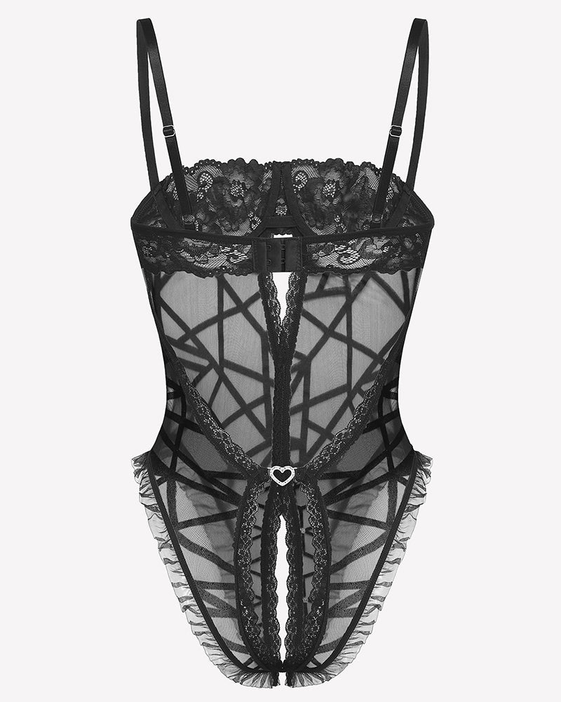Lace V Neck Crotchless Teddy Lingerie