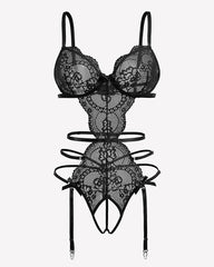 Deep V Teddy Lace Cut Out Garter Sets