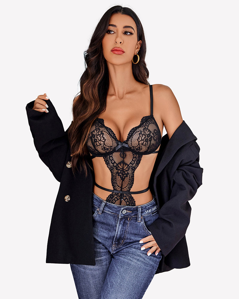 Deep V Teddy Lace Cut Out Garter Sets