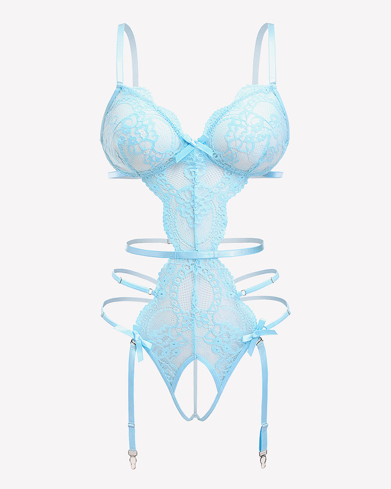 Deep V Teddy Lace Cut Out Garter Sets