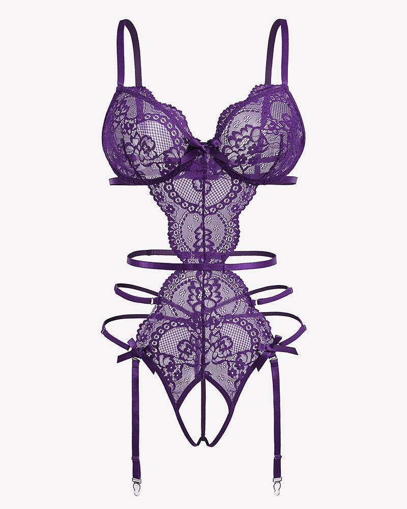Deep V Teddy Lace Cut Out Garter Sets