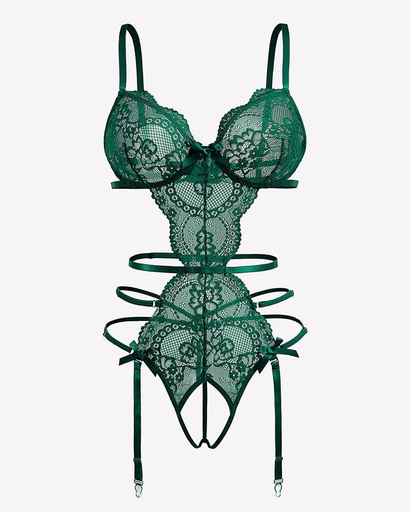 Deep V Teddy Lace Cut Out Garter Sets