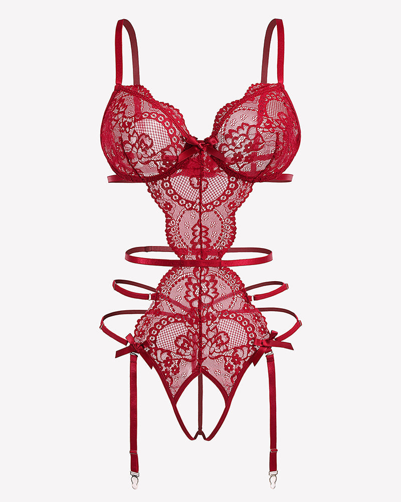 Deep V Teddy Lace Cut Out Garter Sets