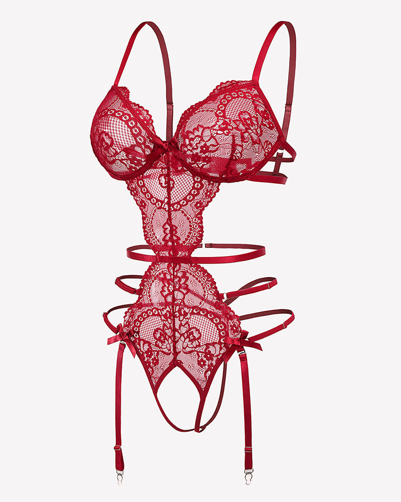 Deep V Teddy Lace Cut Out Garter Sets