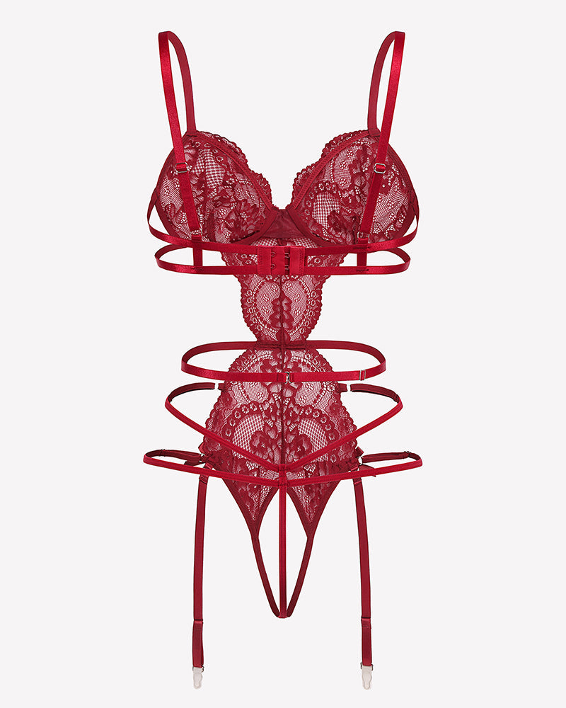 Deep V Teddy Lace Cut Out Garter Sets