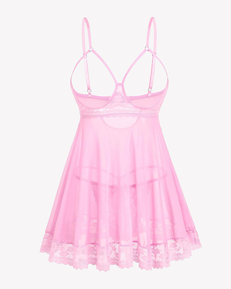 Cupless Lace Babydoll Crotchless Panty Set