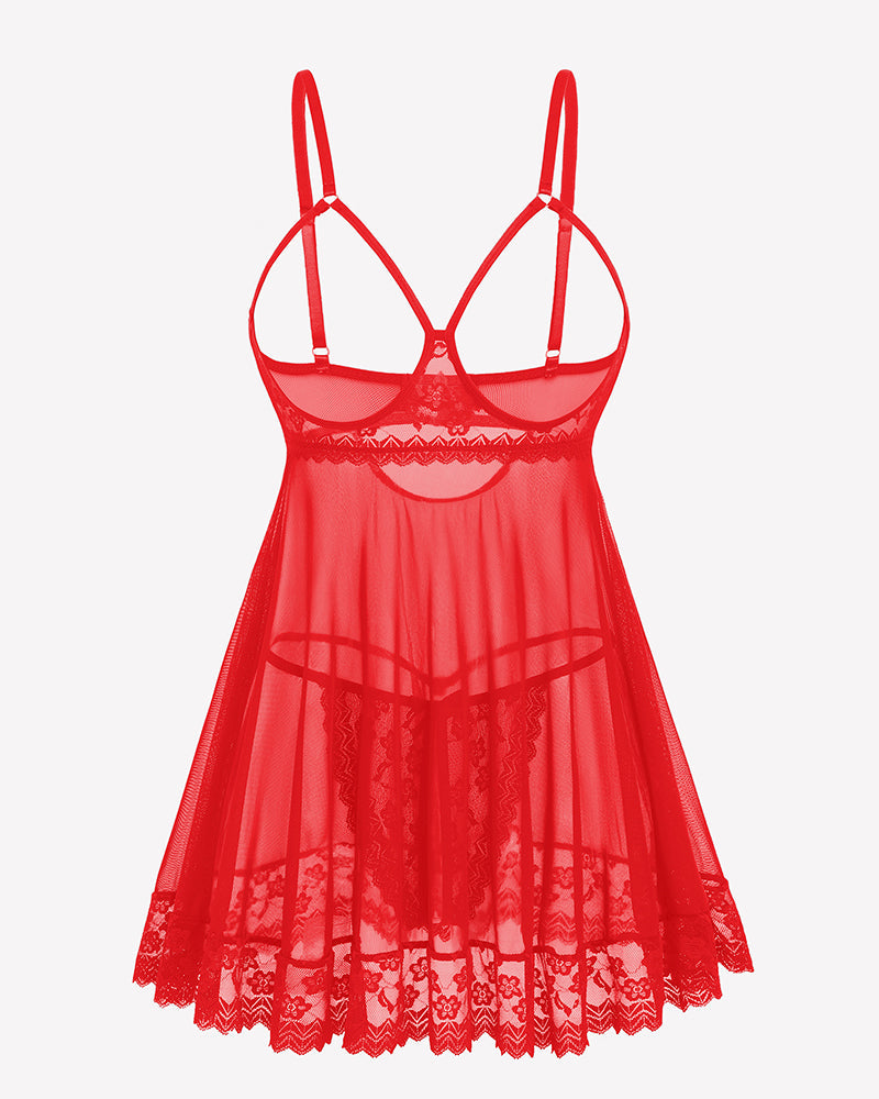Cupless Lace Babydoll Crotchless Panty Set