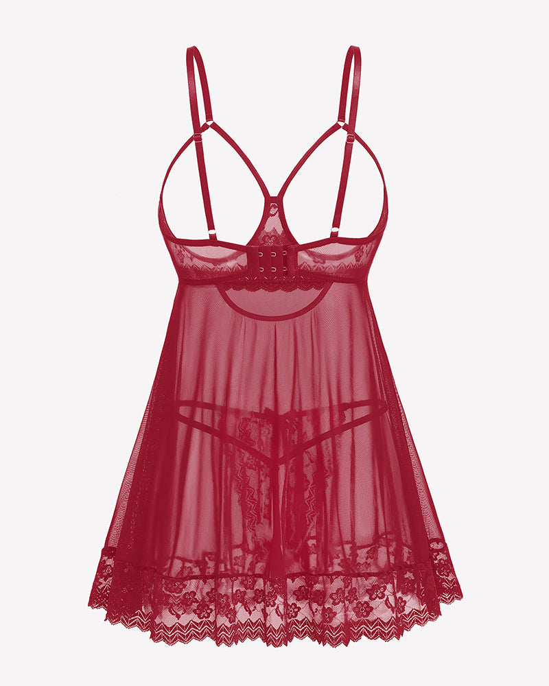 Cupless Lace Babydoll Crotchless Panty Set