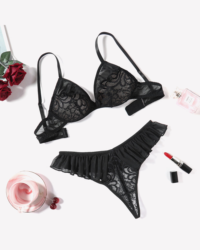 Lace Bra and Panty Sets Mesh Ruffle  2 Piece