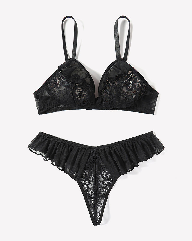 Lace Bra and Panty Sets Mesh Ruffle  2 Piece
