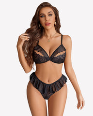 Lace Bra and Panty Sets Mesh Ruffle  2 Piece