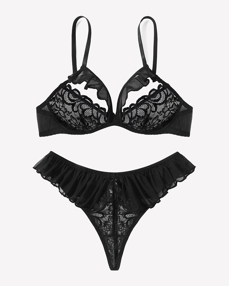 Lace Bra and Panty Sets Mesh Ruffle  2 Piece