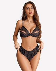 Lace Bra and Panty Sets Mesh Ruffle  2 Piece