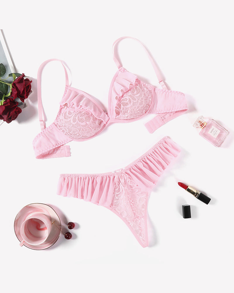 Lace Bra and Panty Sets Mesh Ruffle  2 Piece