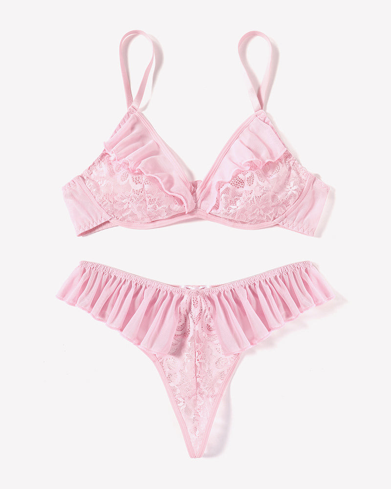 Lace Bra and Panty Sets Mesh Ruffle  2 Piece