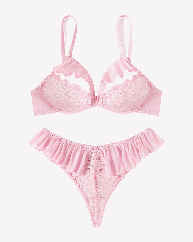 Lace Bra and Panty Sets Mesh Ruffle  2 Piece