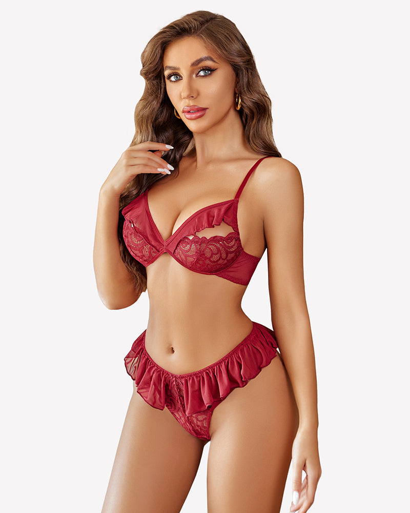 Lace Bra and Panty Sets Mesh Ruffle  2 Piece