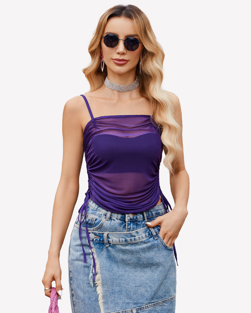 Side Drawstrings Mesh Sheer Tank Tops