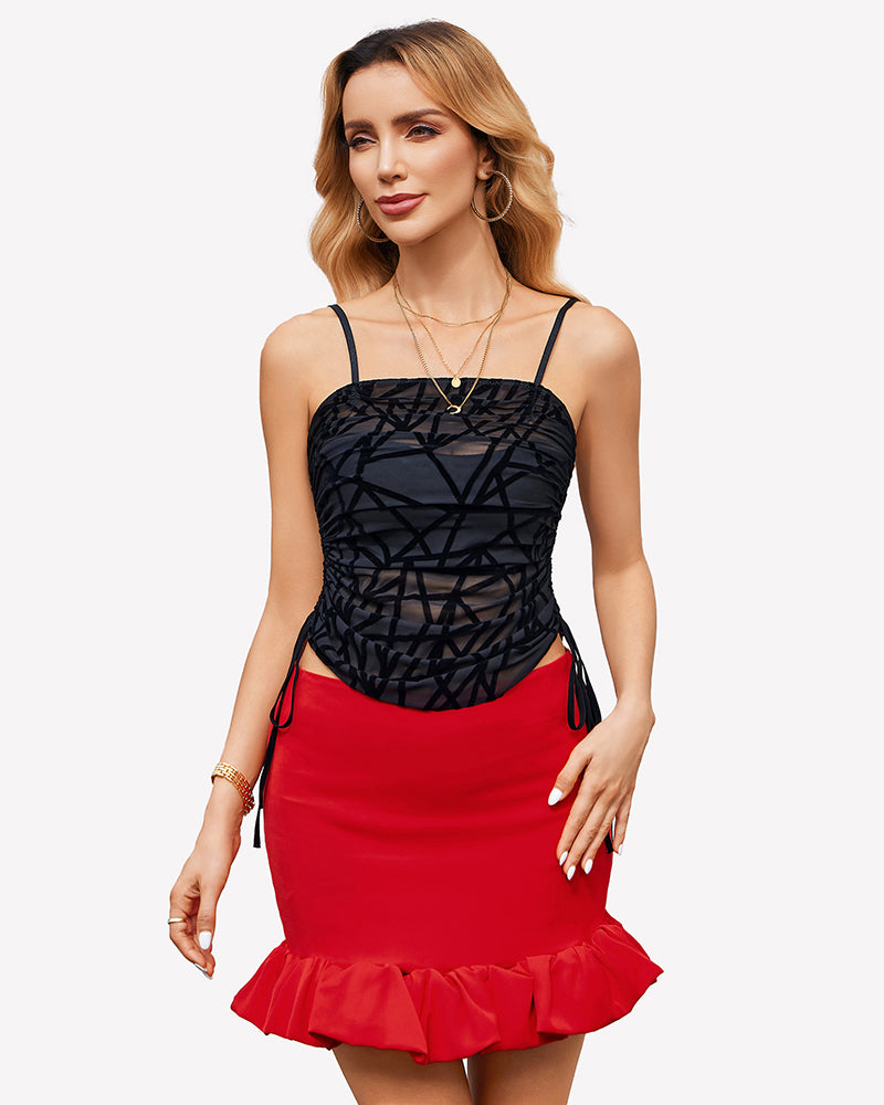 Side Drawstrings Mesh Sheer Tank Tops