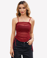 Side Drawstrings Mesh Sheer Tank Tops