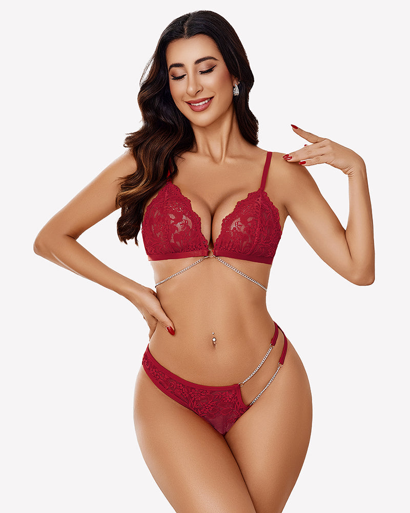 2 Piece Lace Lingerie Set with Chain