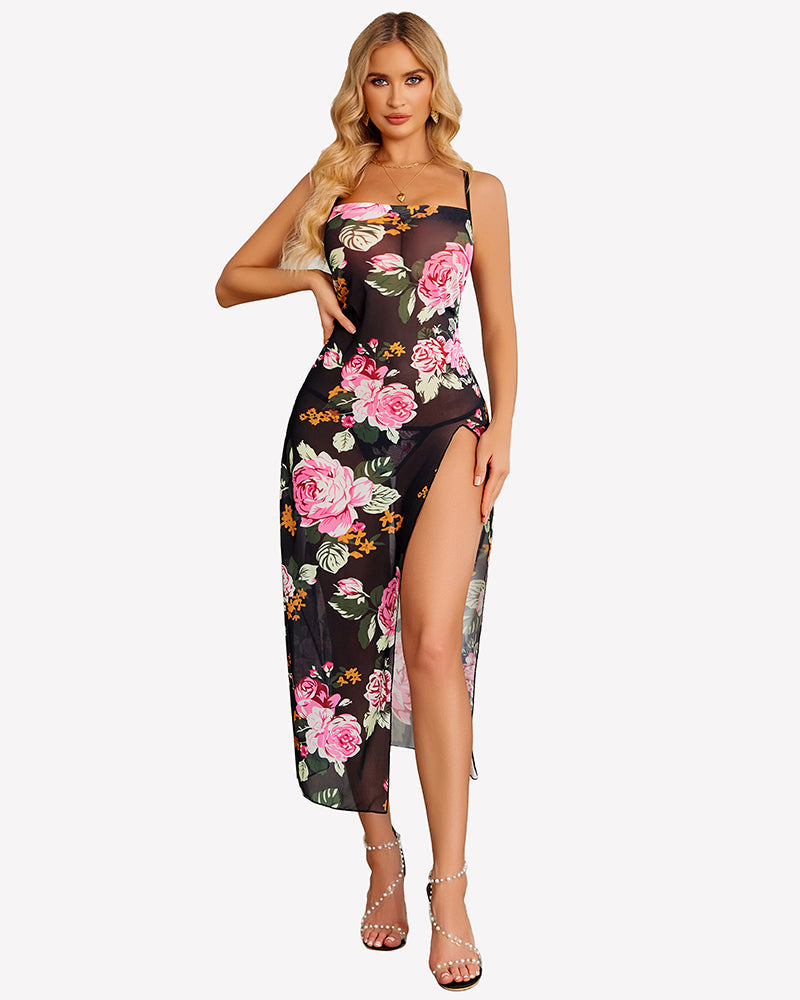 FPrint Mesh Side Split Nightgown