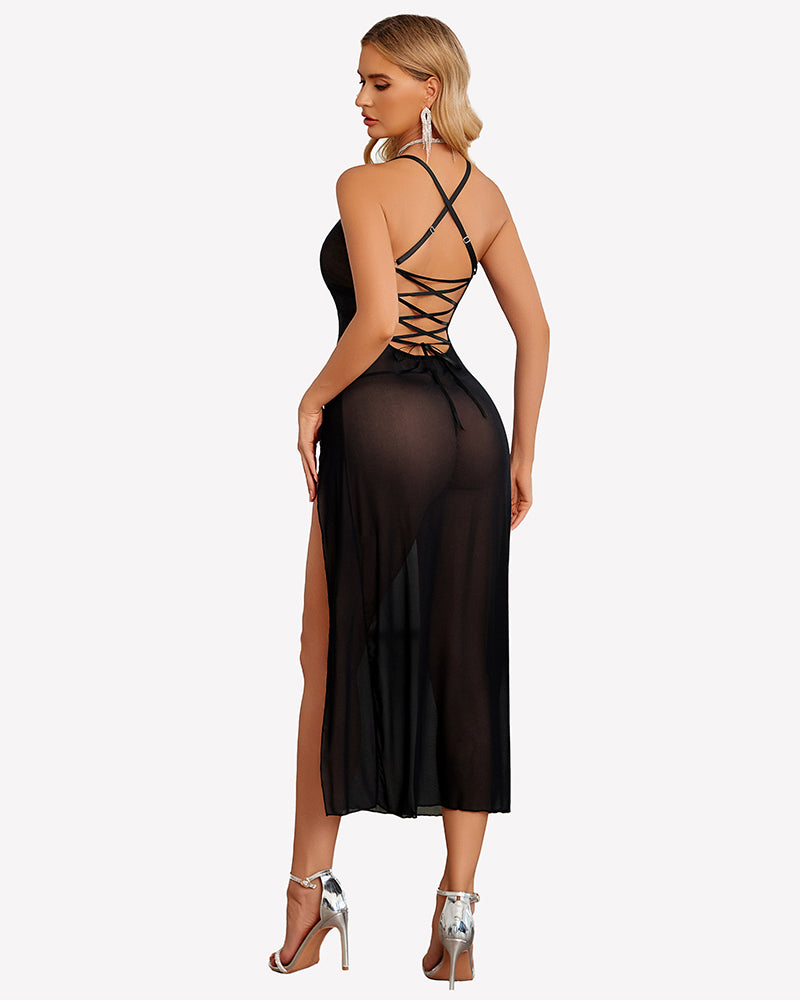 FPrint Mesh Side Split Nightgown