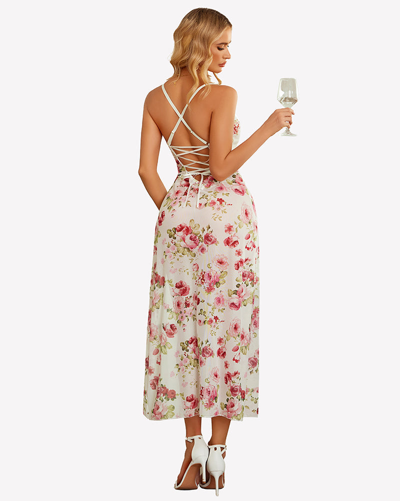 FPrint Mesh Side Split Nightgown