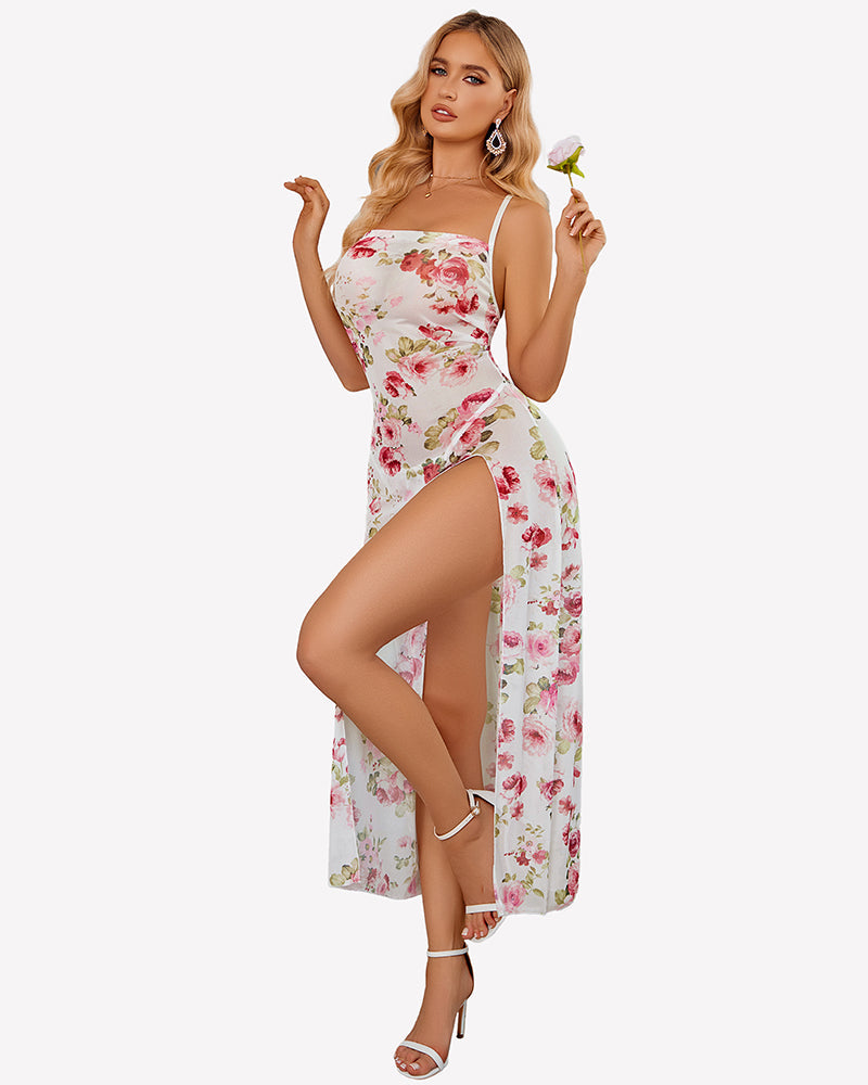 FPrint Mesh Side Split Nightgown