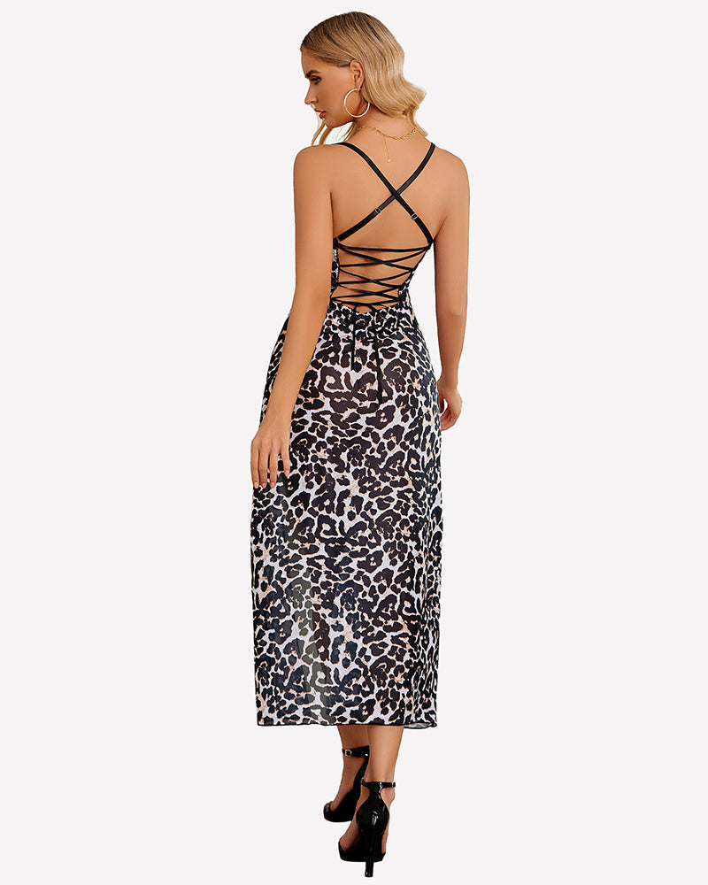 FPrint Mesh Side Split Nightgown