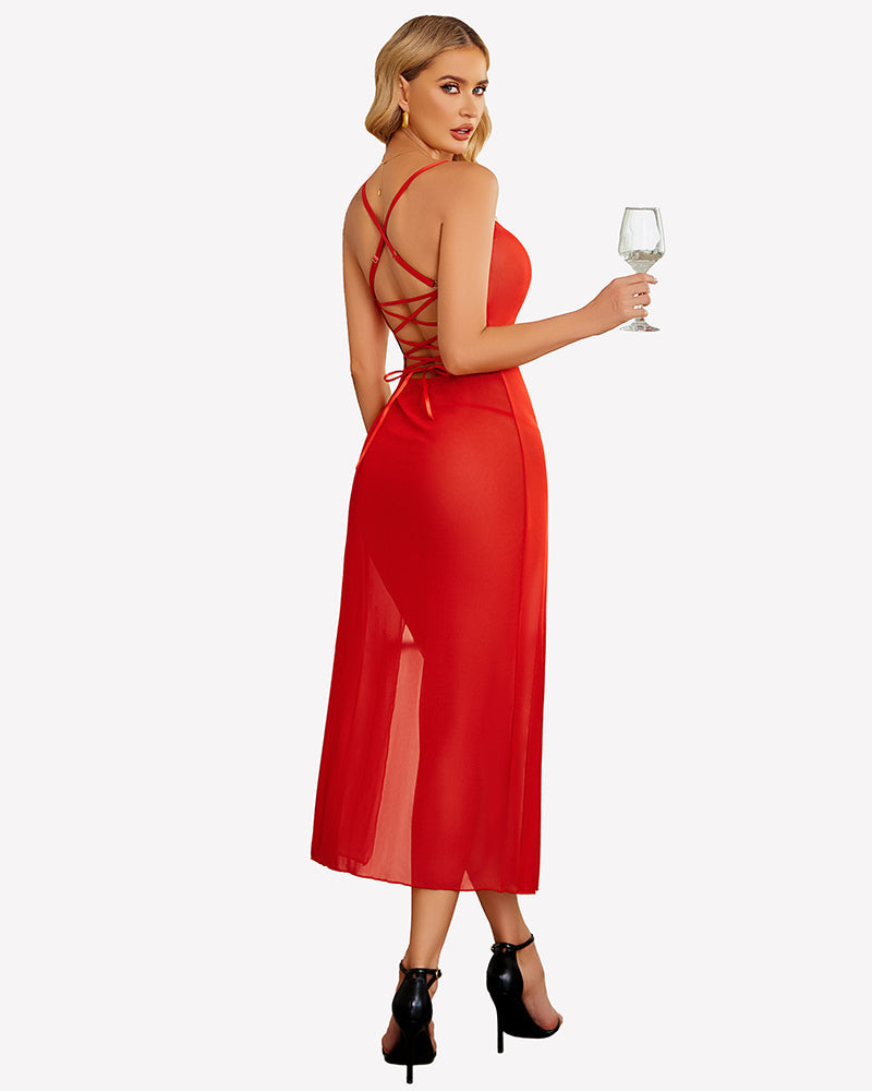 FPrint Mesh Side Split Nightgown