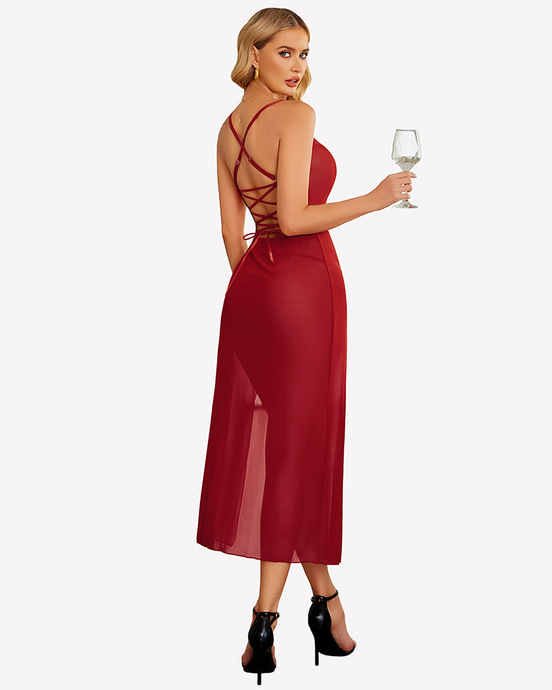 FPrint Mesh Side Split Nightgown