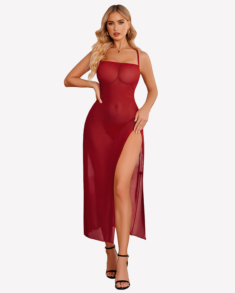 FPrint Mesh Side Split Nightgown