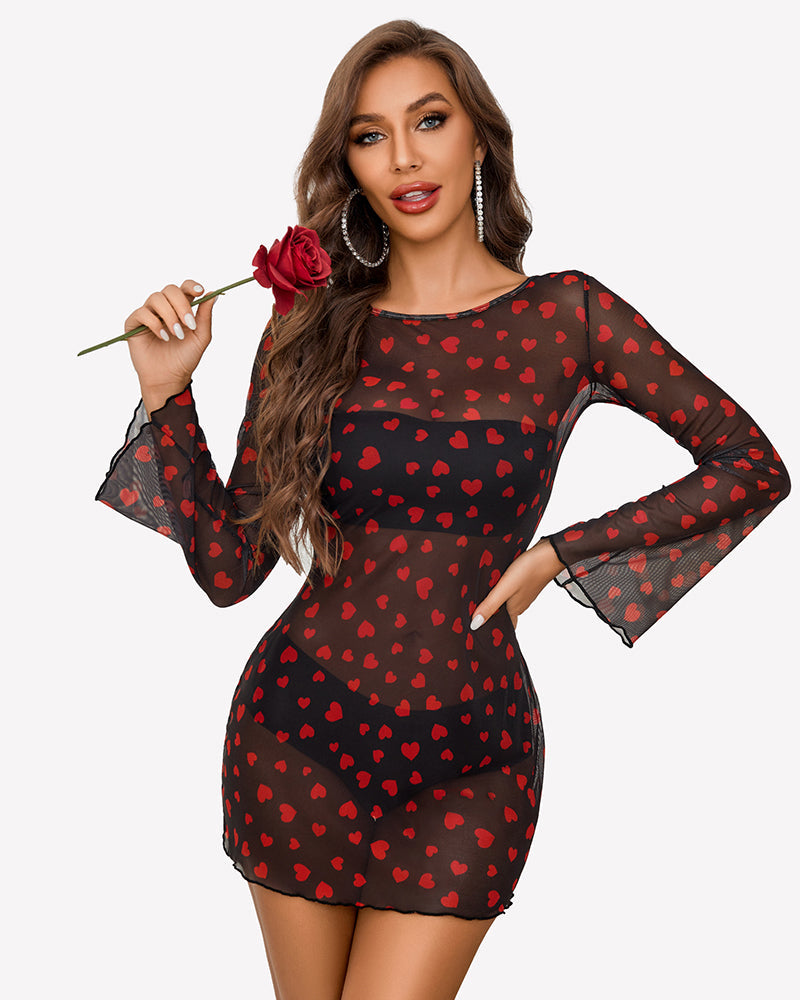 Mesh Backless Bell Sleeve Mini Dresses