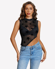 Sheer Mock Neck Tank Asymmetrical Top