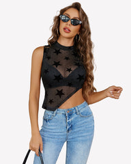 Sheer Mock Neck Tank Asymmetrical Top