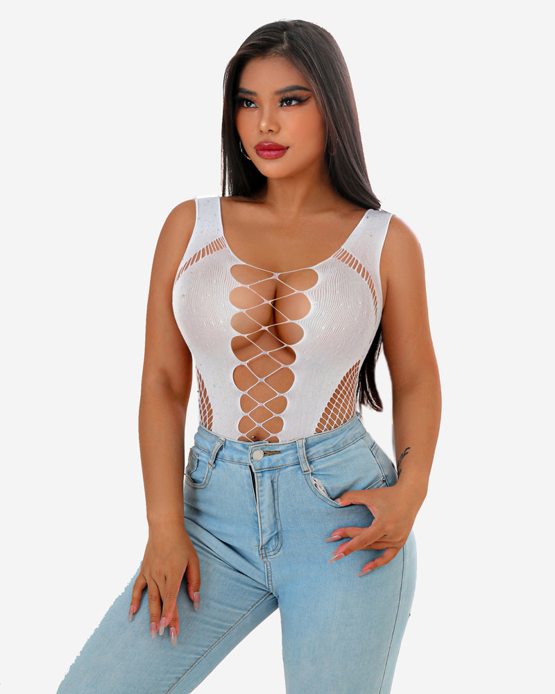 Mesh Fishnet Rhinestone Bodysuit