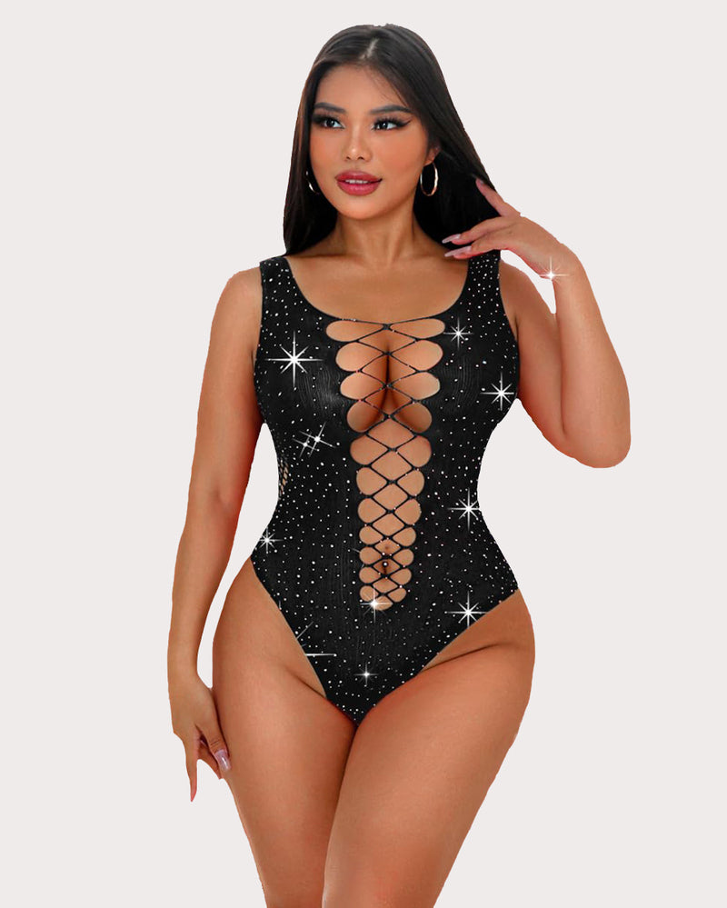 Mesh Fishnet Rhinestone Bodysuit