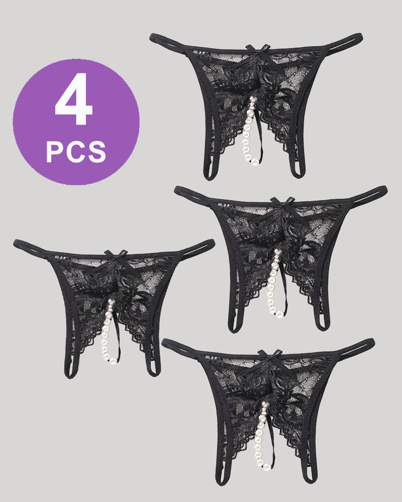 Lace Pearl G-String Low Rise T-Back Thongs Panty Set