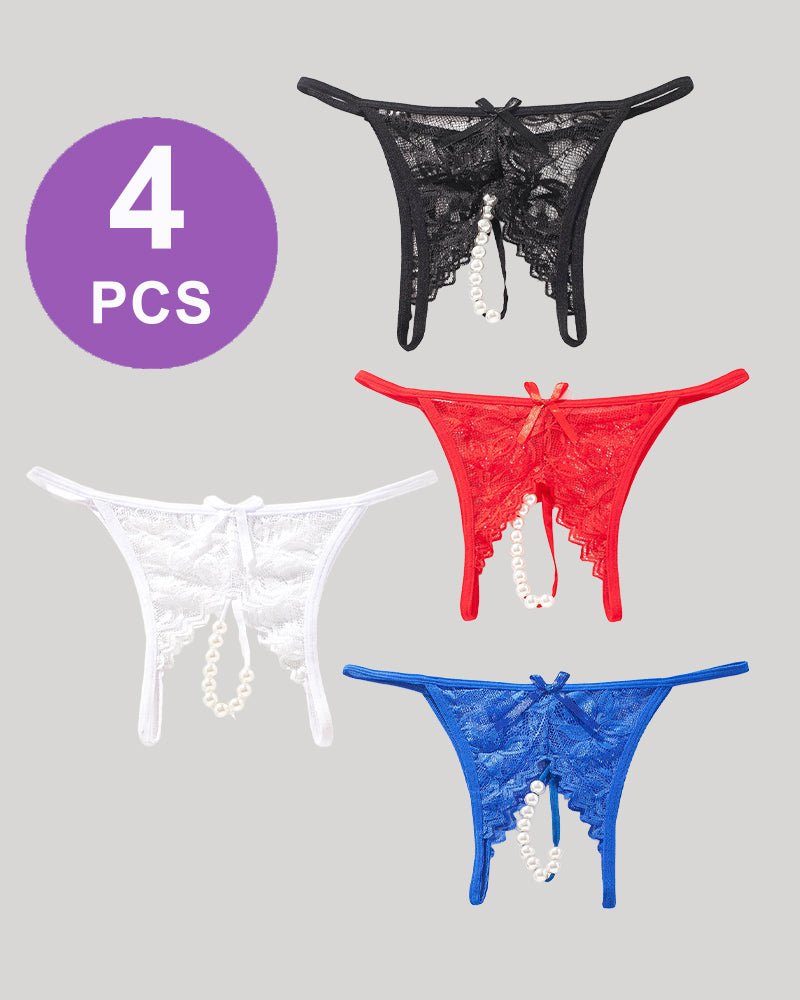 Lace Pearl G-String Low Rise T-Back Thongs Panty Set